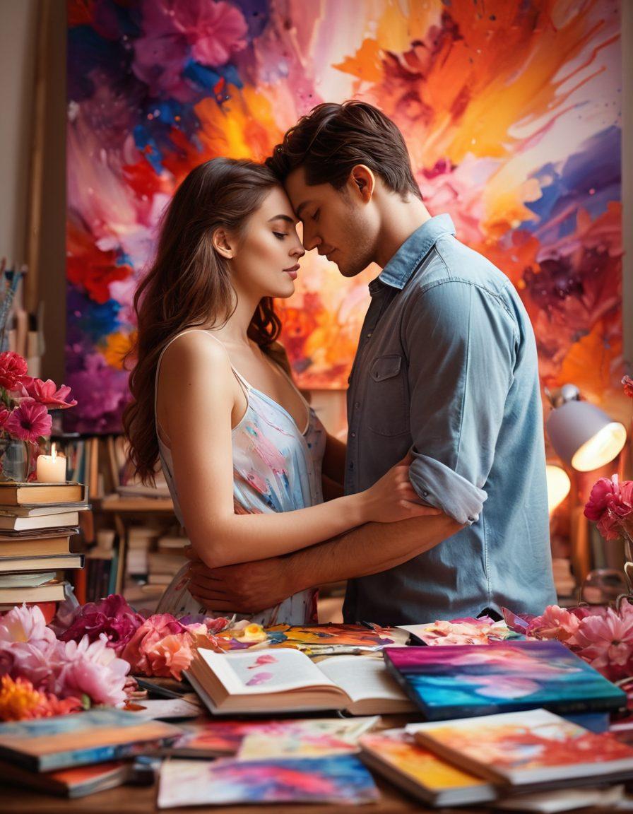 A beautifully lit, intimate scene capturing a couple entangled in a passionate embrace, surrounded by art supplies and scattered photography books. Soft shadows create a warm atmosphere, with delicate petals scattered around them symbolizing love and sensuality. The background features a vibrant canvas showcasing an abstract representation of emotions. The couple's gaze reflects deep connection and understanding, highlighting the theme of artistic expression. super-realistic. vibrant colors. soft focus.