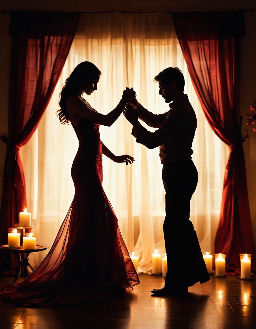 A romantic, dimly lit scene featuring two silhouettes engaged in an intimate dance, surrounded by soft, flowing fabrics and blurred candles casting warm light. Delicate blossoms in the foreground evoke feelings of passion and allure, while subtle hints of romantic elements like a glass of red wine and rose petals enhance the atmosphere. The background should be ethereal and dreamlike, suggesting deep emotional connections. super-realistic. warm colors. soft focus.