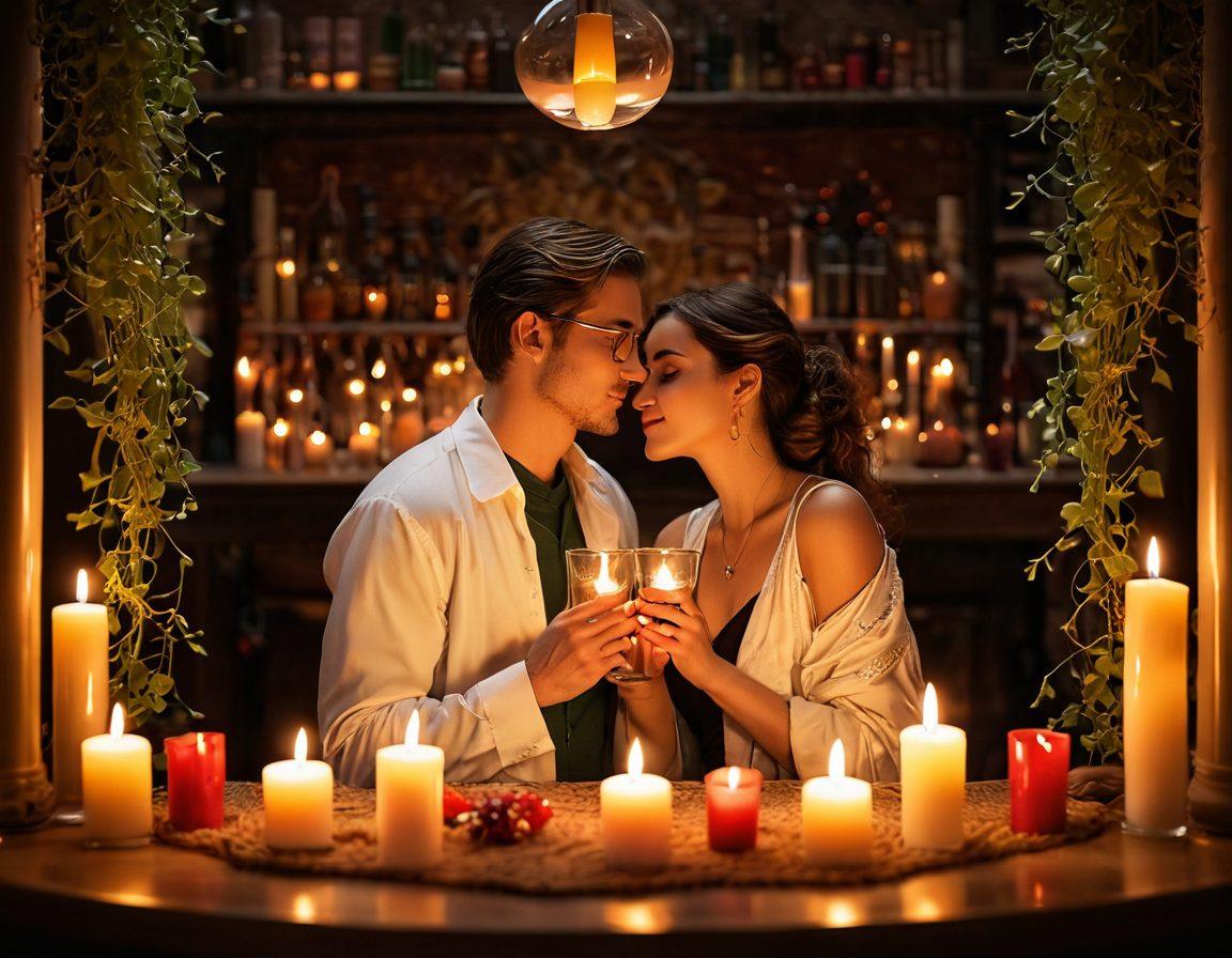 A warm, intimate setting showcasing a couple sharing a passionate moment, surrounded by soft candlelight and chemistry-related elements like beakers and heart-shaped molecules. The background features intertwined vines symbolizing connection, with subtle hints of warm colors reflecting love and intimacy. Super-realistic. Vibrant colors. Romantic ambiance.